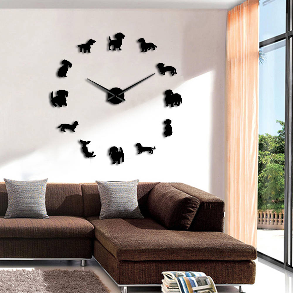 DIY Dachshund Wall Art Wiener-Dog Puppy Dog Pet Frameless Giant Wall Clock With Mirror Effect Sausage Dog Large Clock Wall Watch