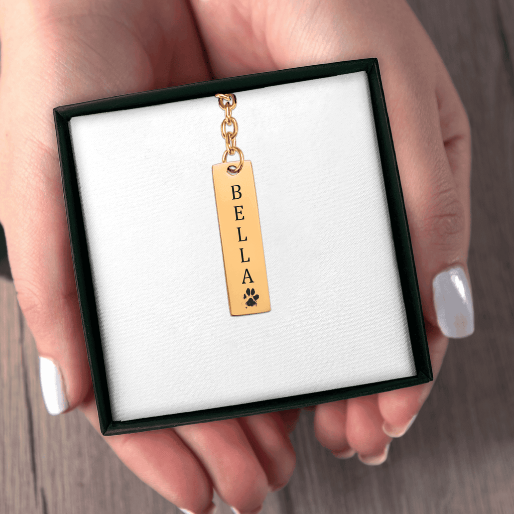 Pet's Name & Paw Print Vertical Bar Keychain